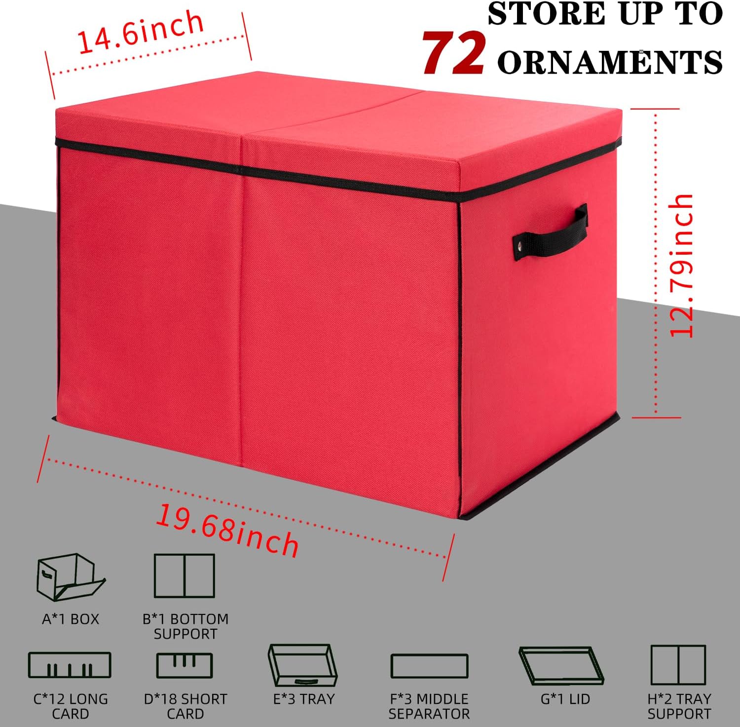JY COOKMENT Christmas Ornament Storage Box with Adjustable Dividers. Large Holiday Ornaments Storage Container Bin with Lid for Xmas Decorations (72-3 Balls. Red. With Removable Tray) - Image 2