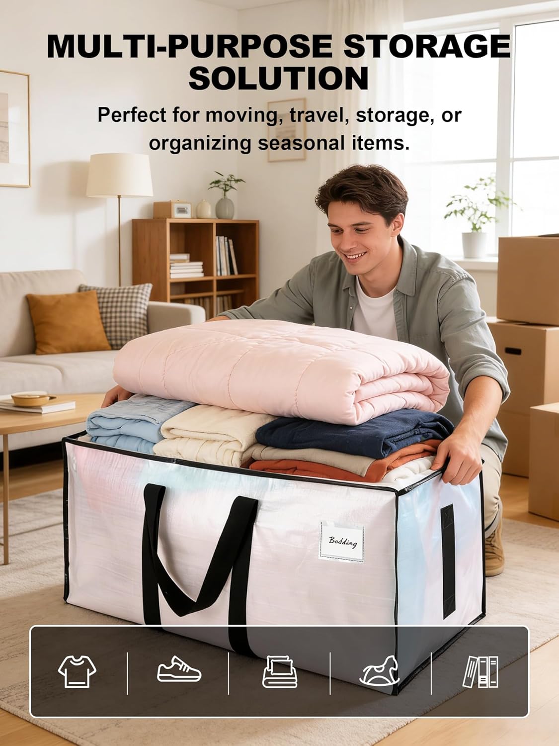 HOMESURE Supports 200lbs Heavy Duty Moving Bags - Strong Zipper & Wrap-Around Handles - Water-Resistant Storage Totes. Durable Alternative to Moving Boxes - 8 Pack - Semi-Transparent - Image 4