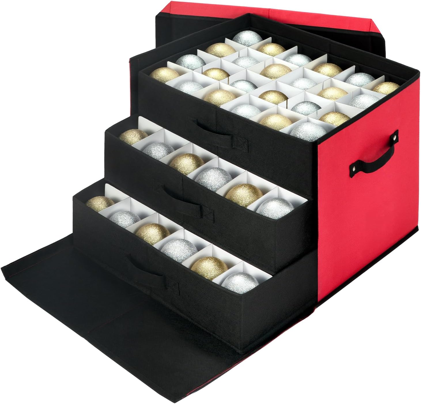 JY COOKMENT Christmas Ornament Storage Box with Adjustable Dividers. Large Holiday Ornaments Storage Container Bin with Lid for Xmas Decorations (72-3 Balls. Red. With Removable Tray)