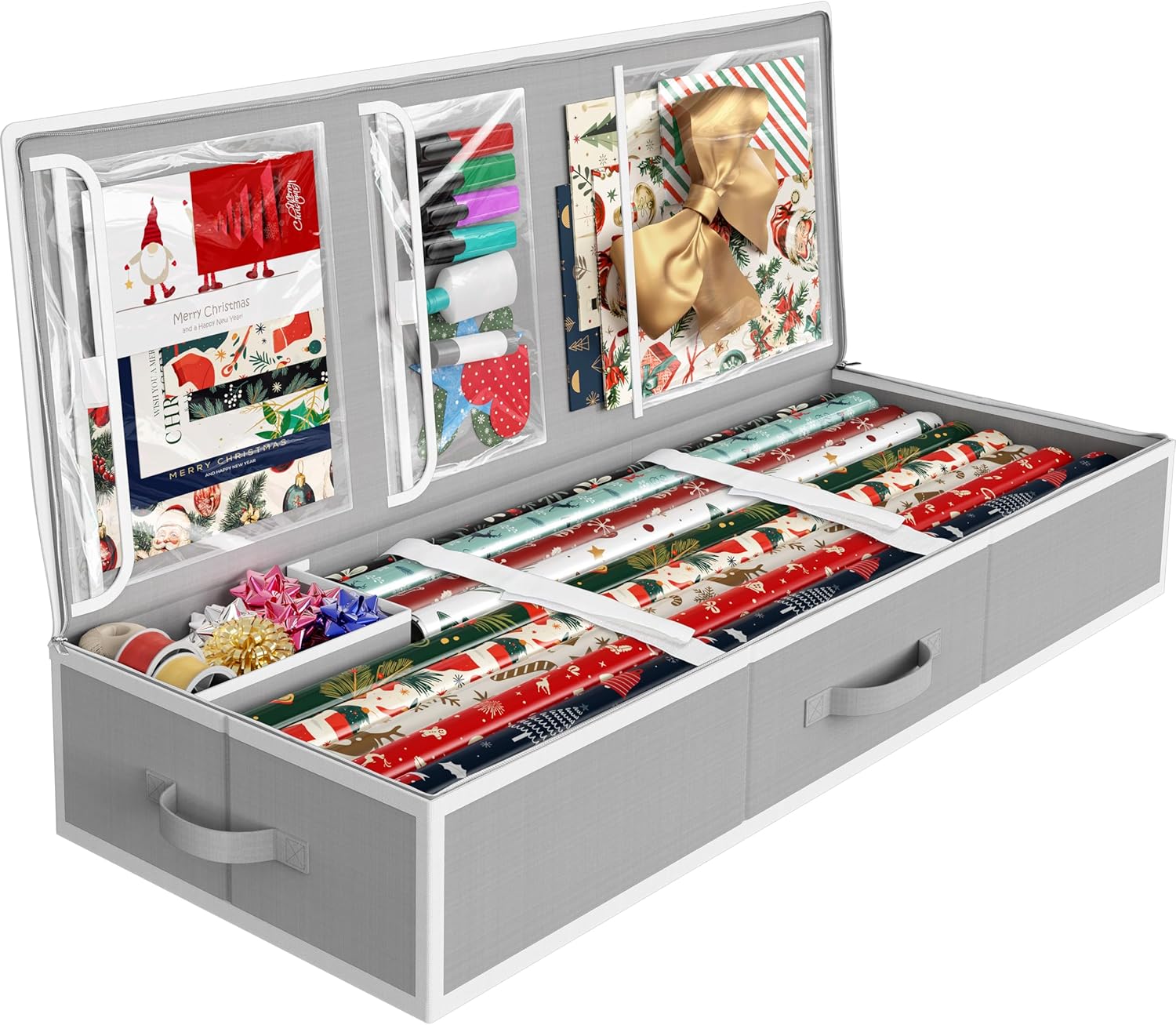 Simple Houseware 41.5 Wrapping Paper Storage Organizer - Fits 40 Rolls with Adjustable Straps. Interior Divider for Ribbons & Bows. 3 Clear Pockets for Gift Bags & Tools. 41.5''L x 16''W. Gray