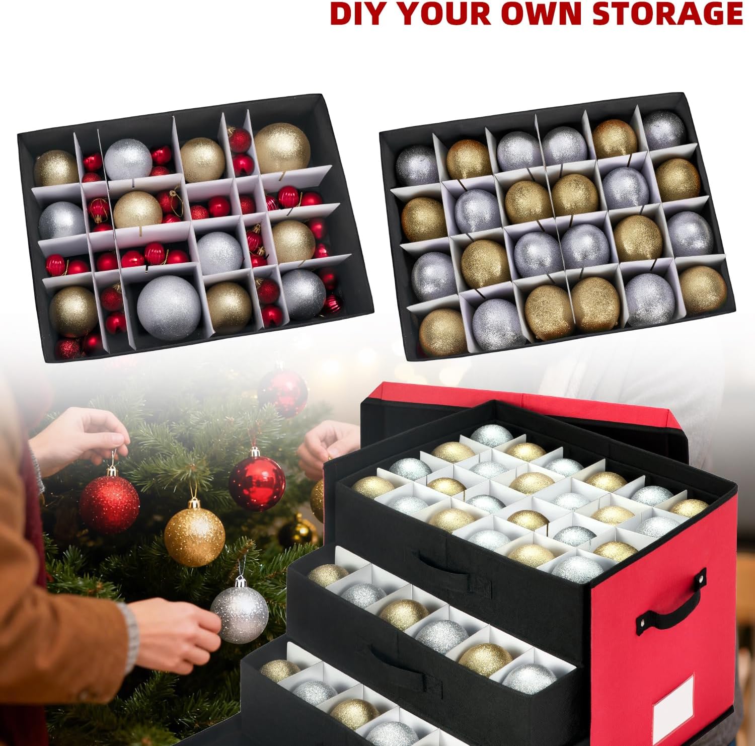 JY COOKMENT Christmas Ornament Storage Box with Adjustable Dividers. Large Holiday Ornaments Storage Container Bin with Lid for Xmas Decorations (72-3 Balls. Red. With Removable Tray) - Image 7
