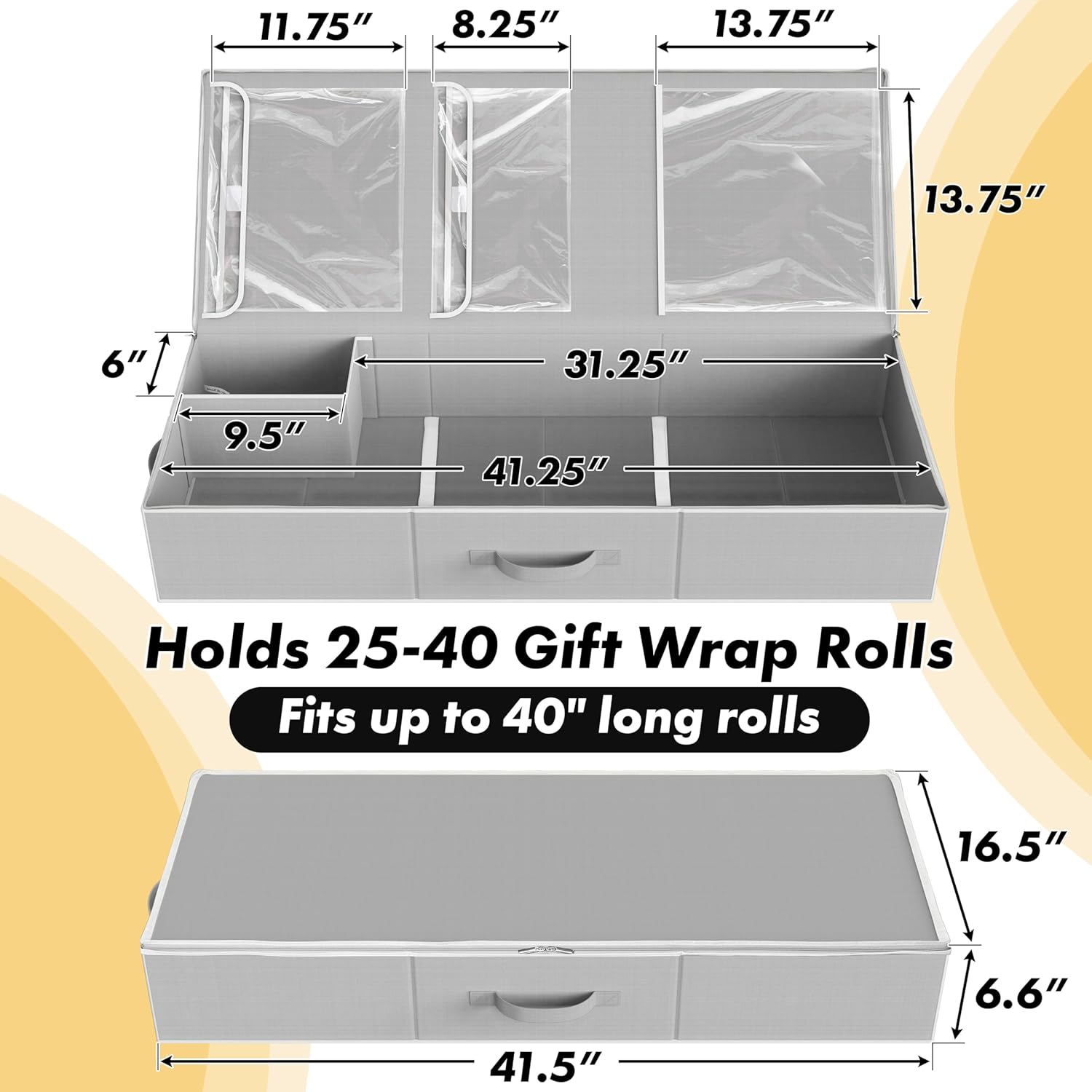 Simple Houseware 41.5 Wrapping Paper Storage Organizer - Fits 40 Rolls with Adjustable Straps. Interior Divider for Ribbons & Bows. 3 Clear Pockets for Gift Bags & Tools. 41.5''L x 16''W. Gray - Image 2