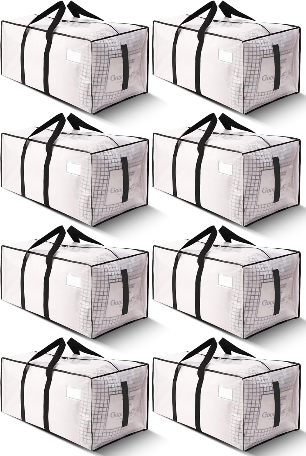 HOMESURE Supports 200lbs Heavy Duty Moving Bags - Strong Zipper & Wrap-Around Handles - Water-Resistant Storage Totes. Durable Alternative to Moving Boxes - 8 Pack - Semi-Transparent