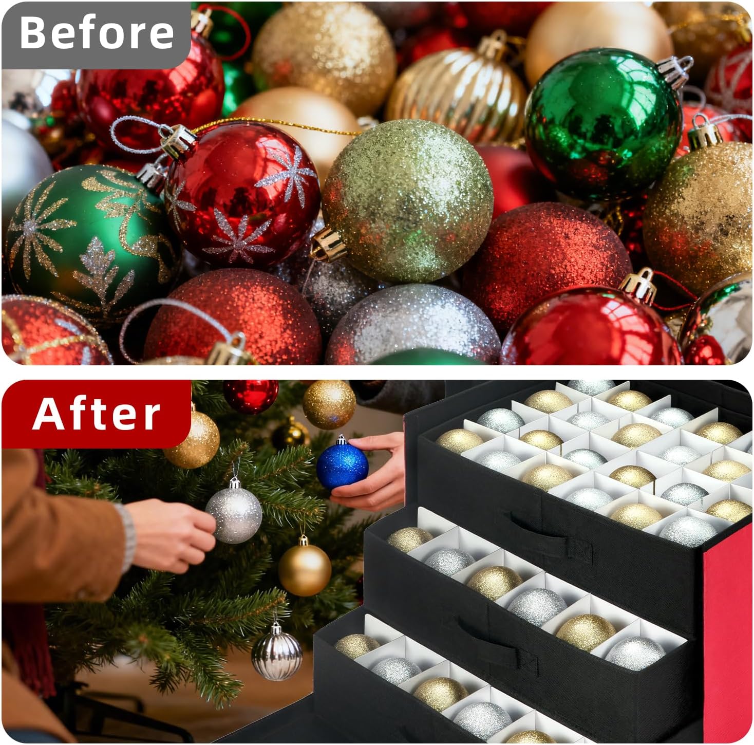 JY COOKMENT Christmas Ornament Storage Box with Adjustable Dividers. Large Holiday Ornaments Storage Container Bin with Lid for Xmas Decorations (72-3 Balls. Red. With Removable Tray) - Image 5