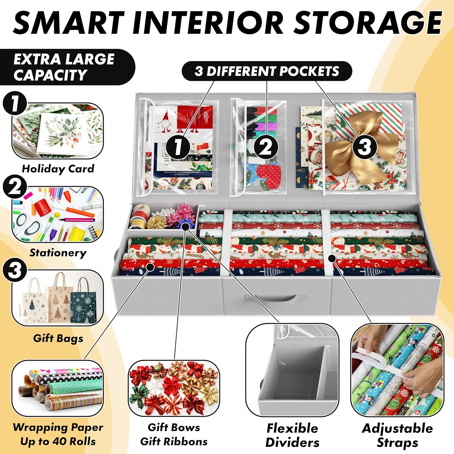 Simple Houseware 41.5 Wrapping Paper Storage Organizer - Fits 40 Rolls with Adjustable Straps. Interior Divider for Ribbons & Bows. 3 Clear Pockets for Gift Bags & Tools. 41.5''L x 16''W. Gray - Image 4